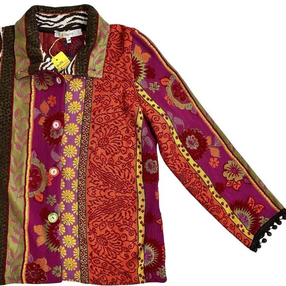 Azuleros NWT French Boho Jacquard Knit Jacket M Mix Print Flora Zebra Statement - Picture 12 of 16